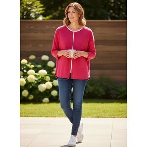 Joan Vass Fuchsia Pink Cotton Zip Cardigan White Trim 3/4 Sleeve Size 2P